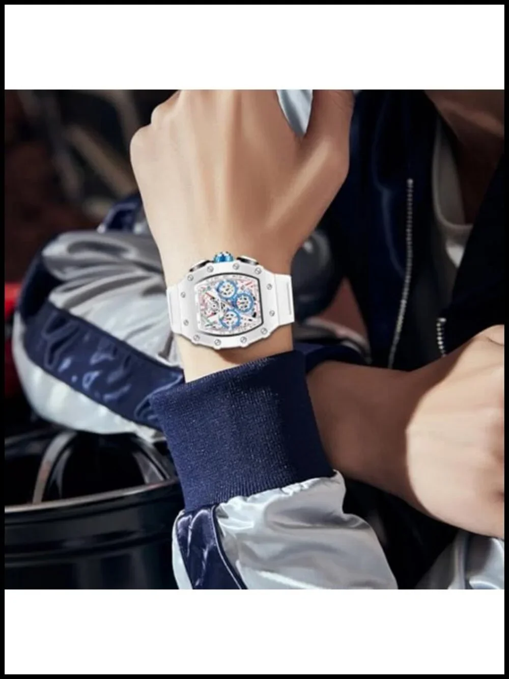 Men's Tonneau Skeleton Chronograph Watch Silicone Strap 30M